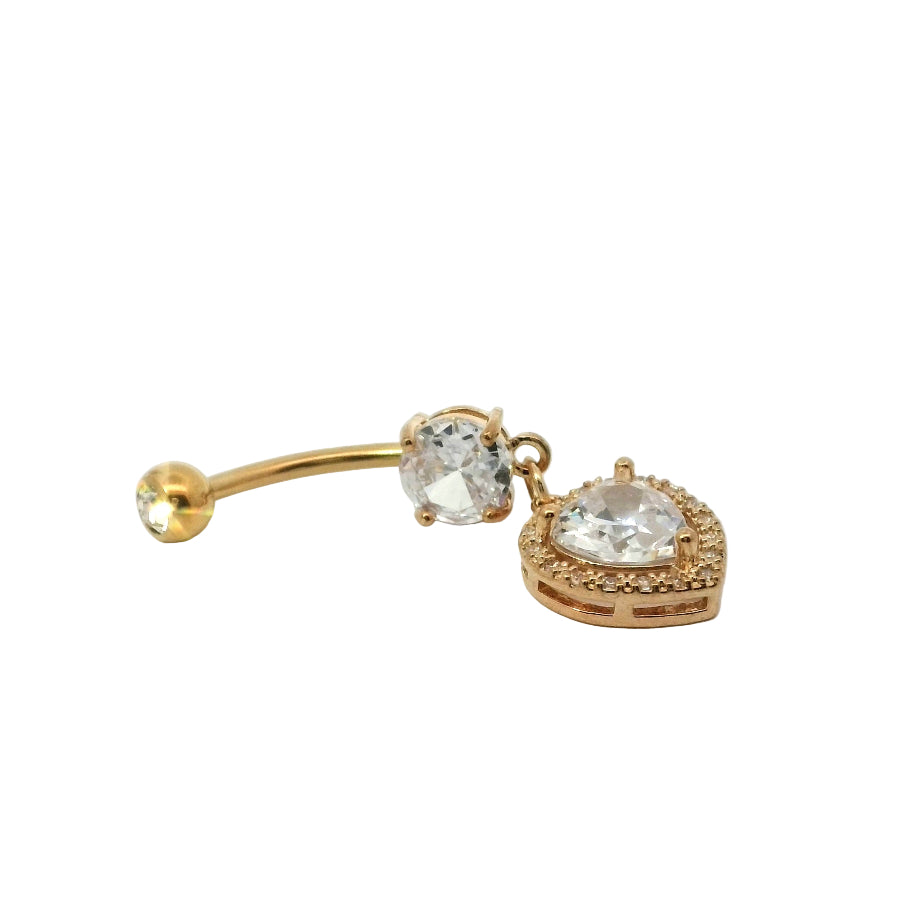 Gold belly button bar with clear gemstones on a white background