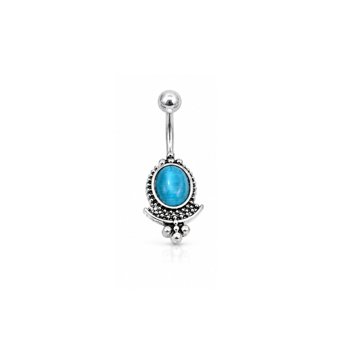Boho Silver Navel Bar With Coloured Stones 10mm Surgical Steel Blue, Grey or Pink