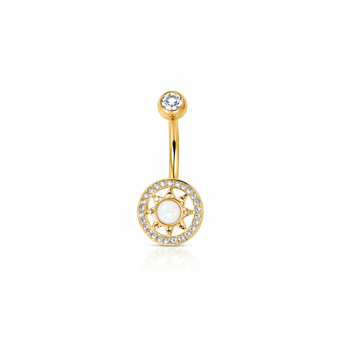 Large Sun Star Shield & Opal Navel Bar 12mm Surgical Steel Silver, Gold or Rose Gold