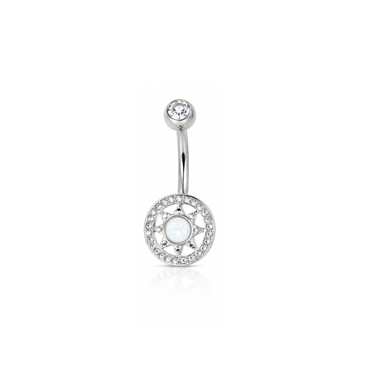 Large Sun Star Shield & Opal Navel Bar 12mm Surgical Steel Silver, Gold or Rose Gold