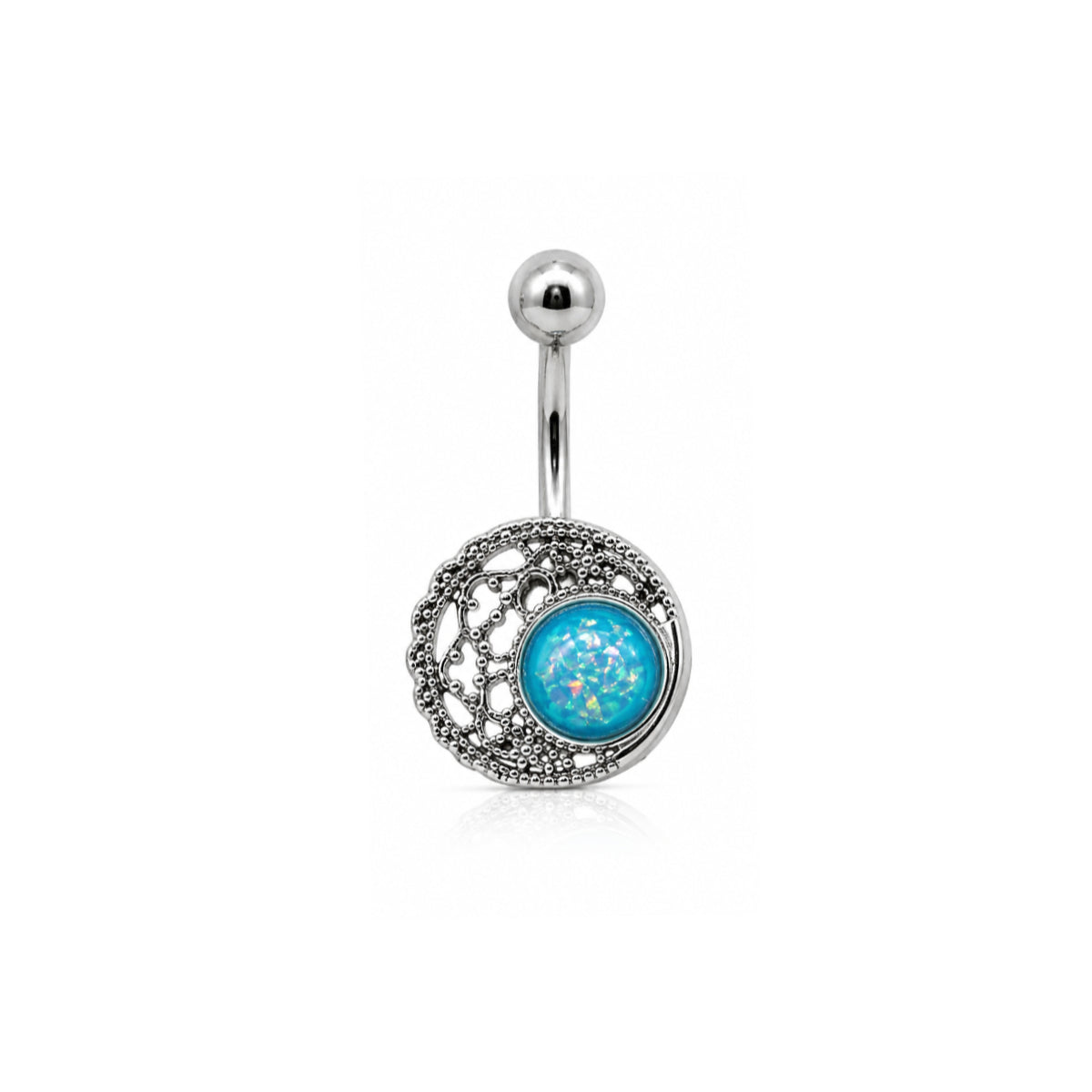 Blue Opal Crescent Moonier Silver Palm Left Navel Bar 10mm Surgical Steel