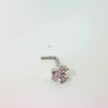 L-Shaped Silver Nose Stud with Pink Flower