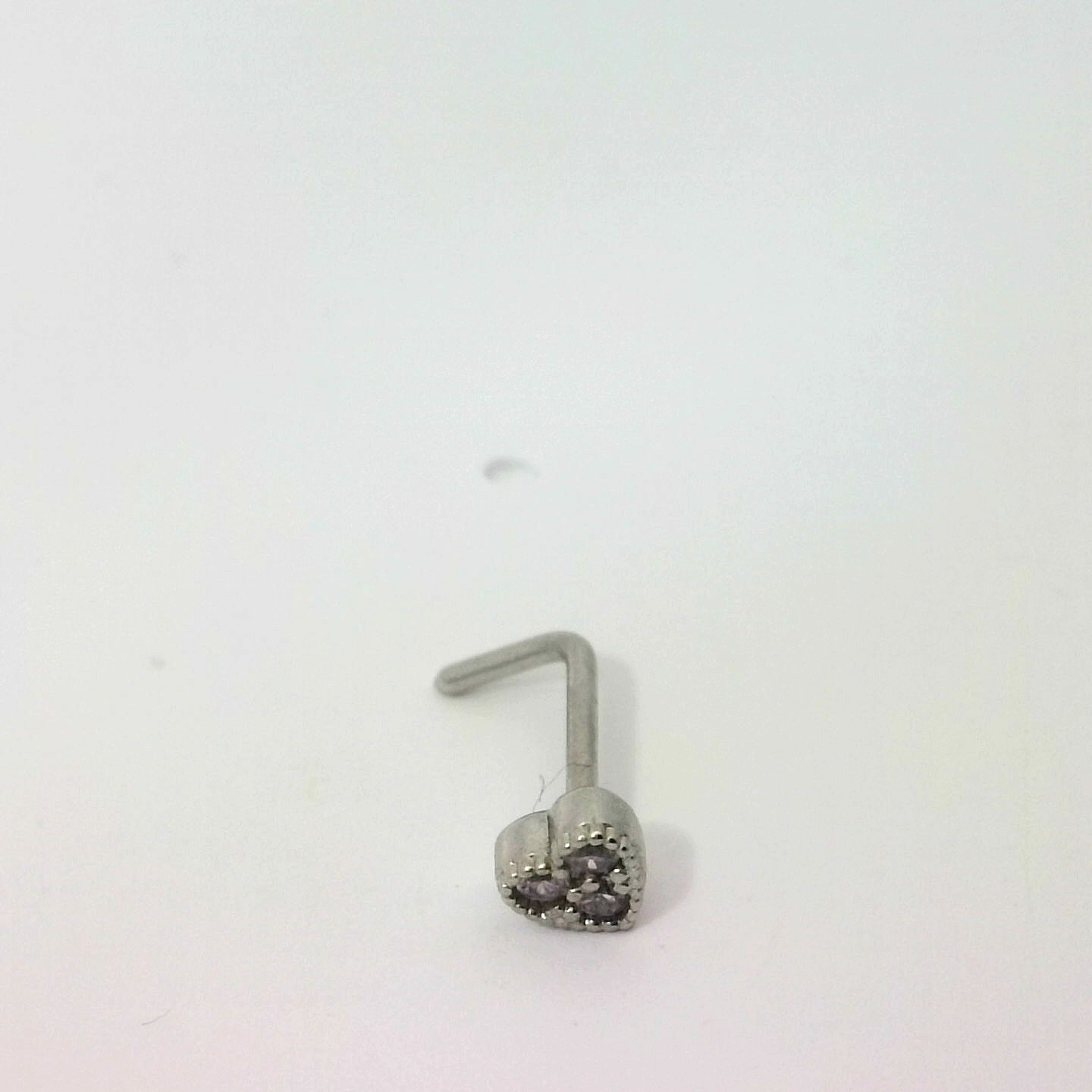 Silver L-Shaped Heart Nose Jewellery with Purple Jewels