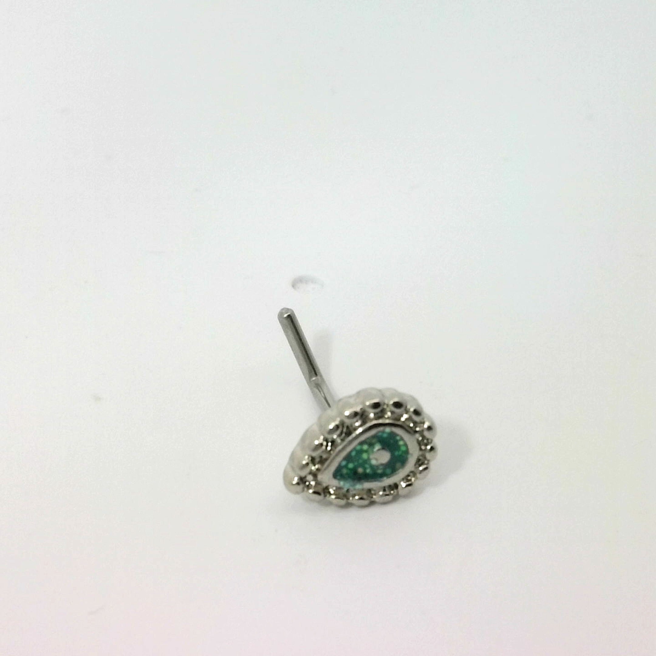 Silver L-Shaped Oval Nose Ring with Green Stones
