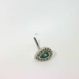 Silver L-Shaped Oval Nose Ring with Green Stones