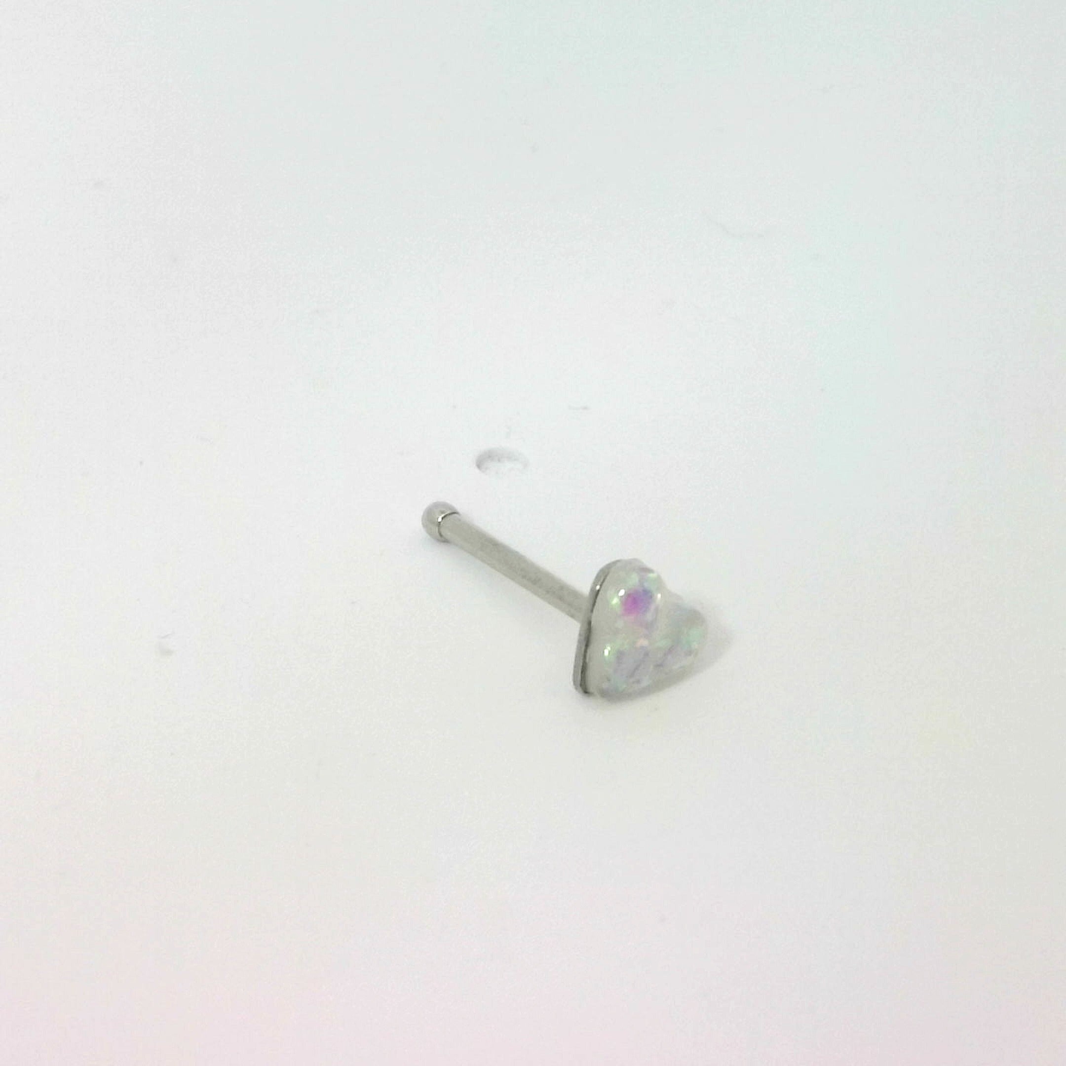 Silver white opal Heart Nose Stud