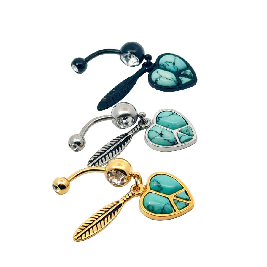 Belly buttonbars with turquoise heart and feather charms on a white background