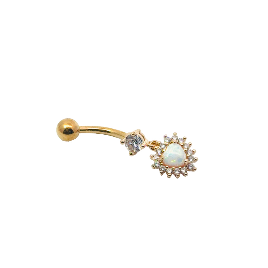 Gold belly button bar with a central pearl and small crystals on a white background