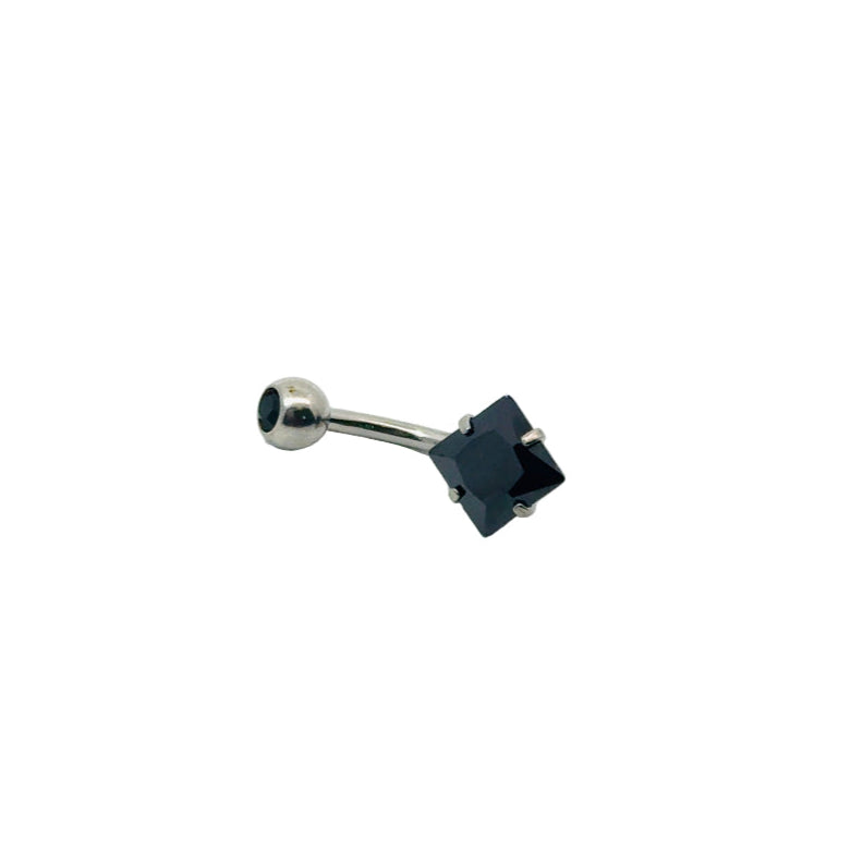 Belly button bar with black gemstone on a white background