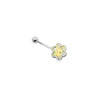Flower-shaped belly button ring with a yellow gem on a white background