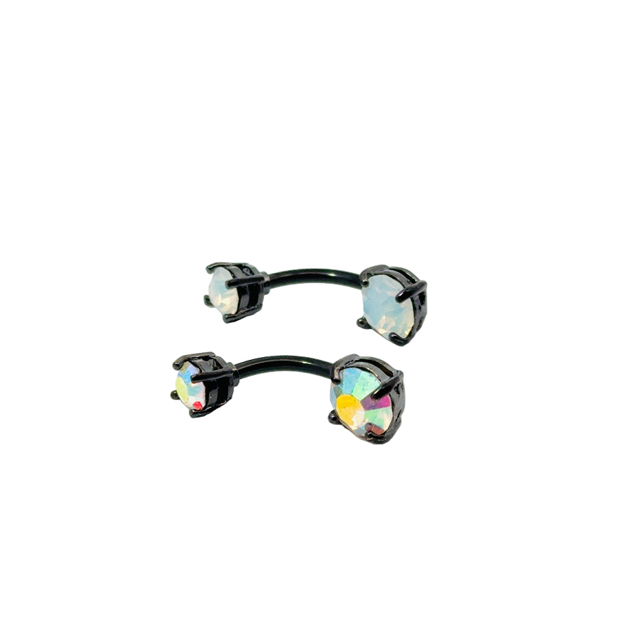 Pair of black-rimmed navel bars with multicolored gemstones on a white background