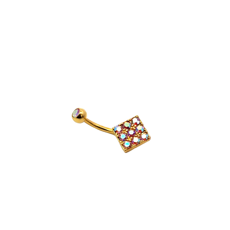 Gold belly button bar with colourful gemstones on a white background