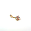 Gold belly button ring with colorful gemstones on a white background
