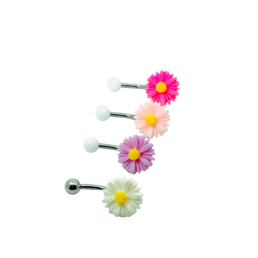 Set of four floral belly button bars on a white background