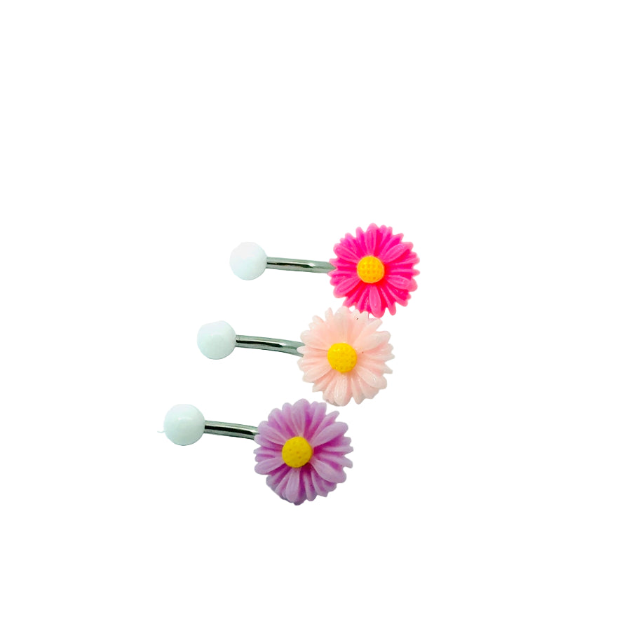 Three floral belly button bars with pink, purple, and pink flowers on a white background