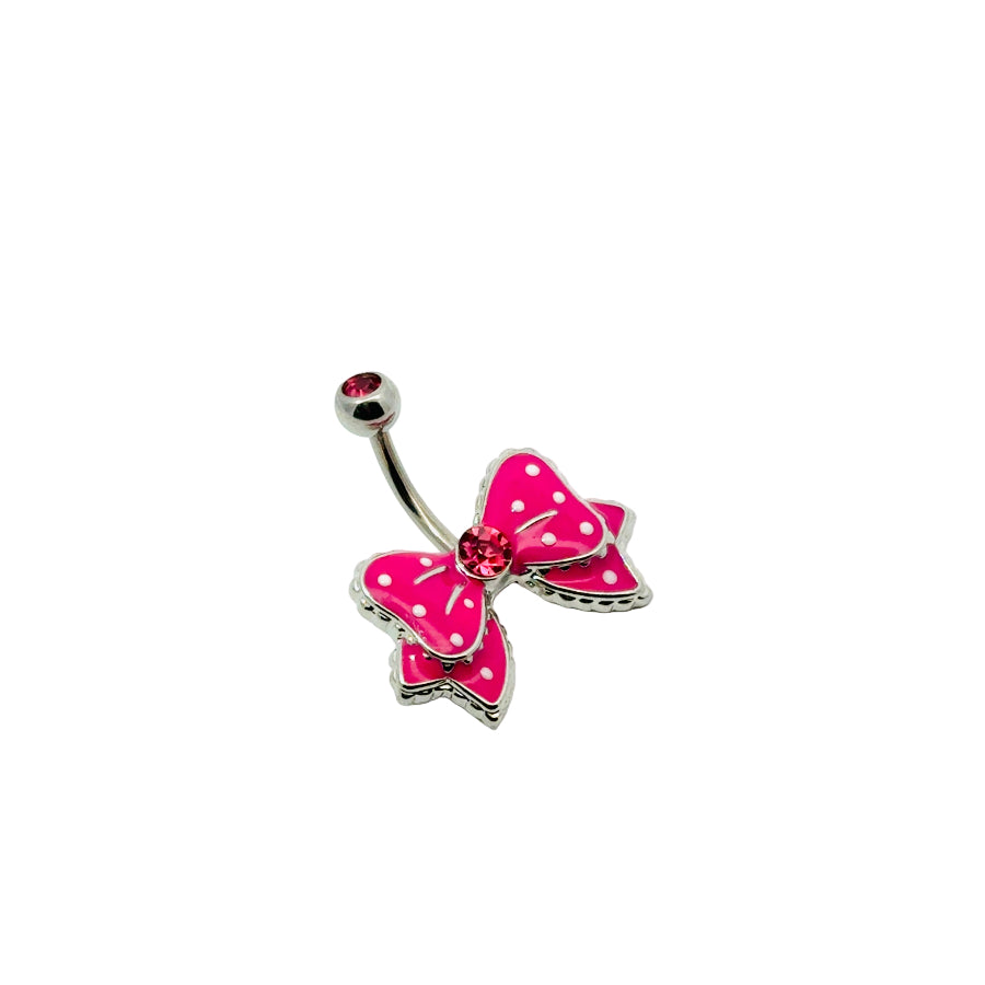 Pink bow-shaped belly buttonbar with a silver bar on a white background