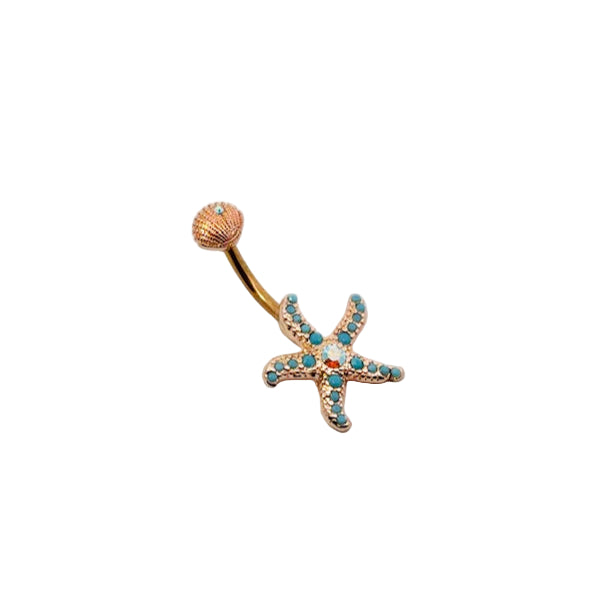 Rose gold belly buttonbar with starfish and shell design on a white background