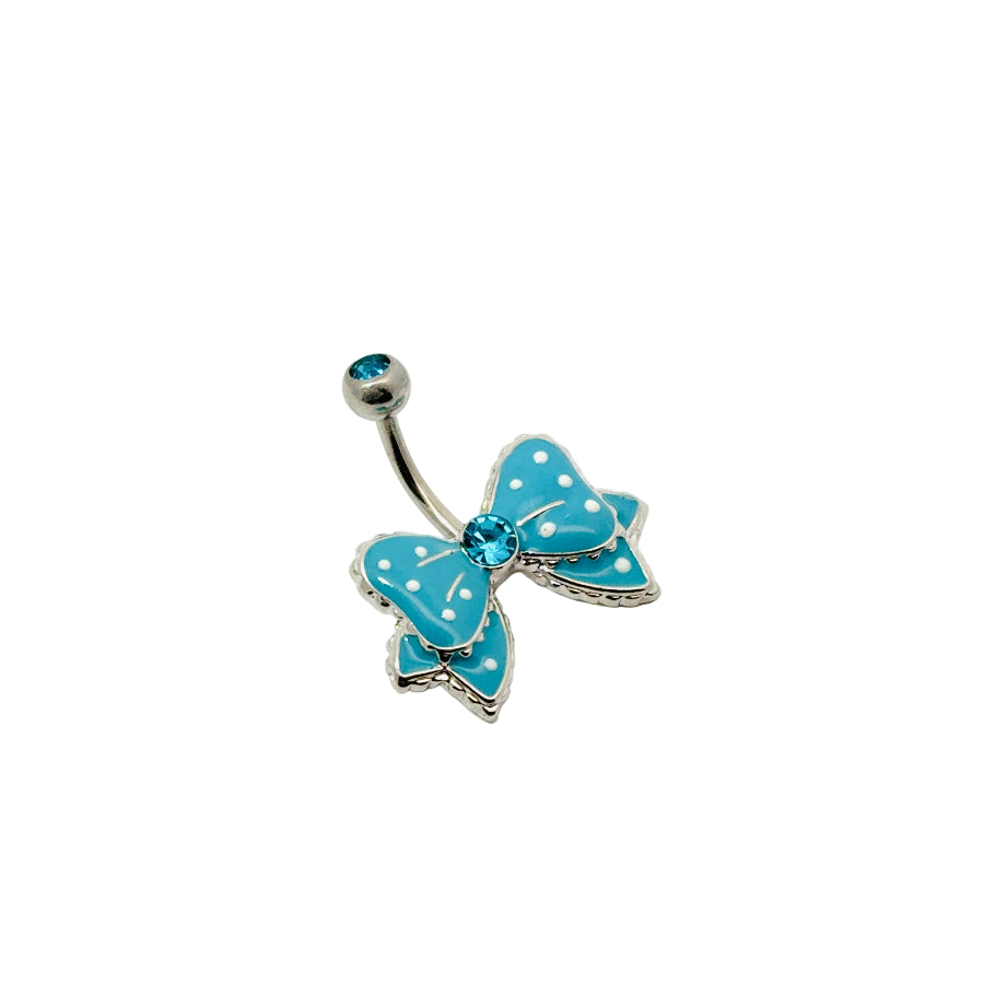 Blue bow-shaped belly button bar with gemstones on a white background