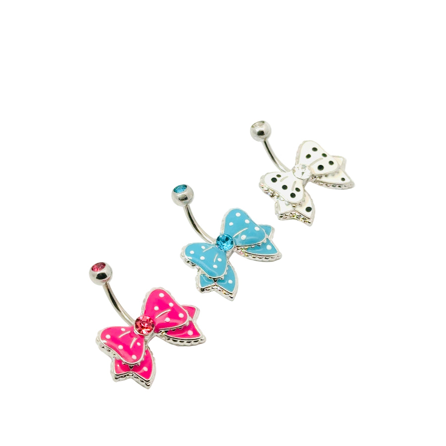 Three colourful bow-shaped belly button bars on a white background