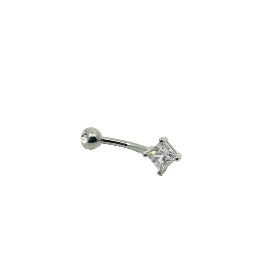 Silver belly button bar with a clear gemstone on a white background