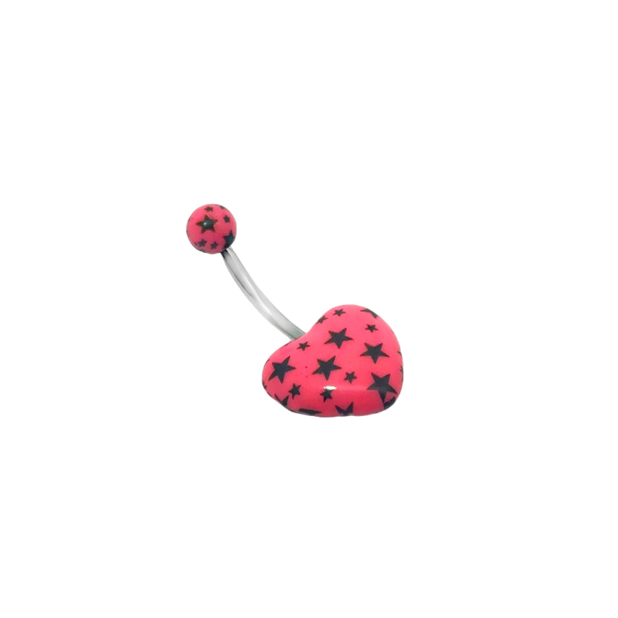Pink heart-shaped belly button bar with star pattern on a white background