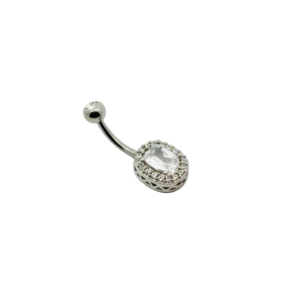 Silver belly button bar with a clear gemstone on a white background