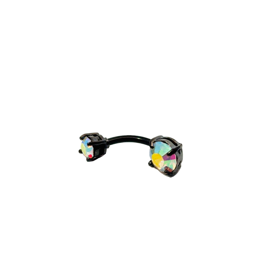 Black navel bar with a colourful gem on a white background