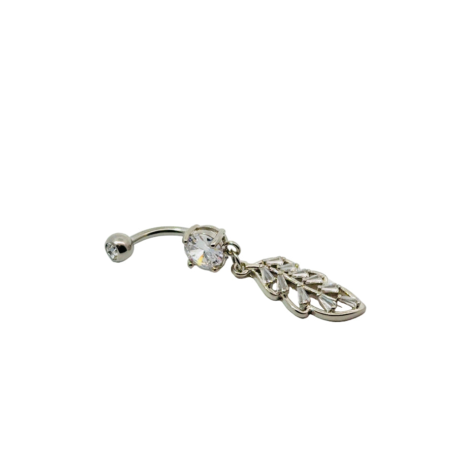 Silver belly button bar with clear gemstones on a white background