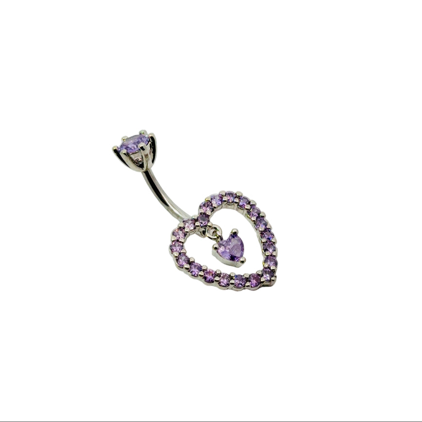 Heart-shaped pendant navel bar with purple gemstones on a white background