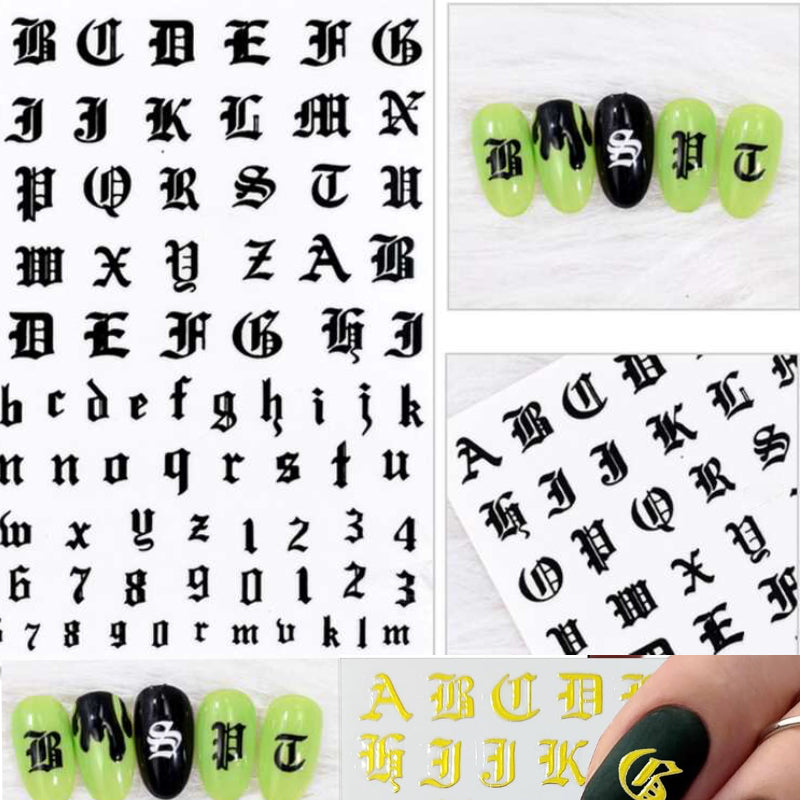 Gold, Black & White 3D Nail Art Decals - Old English Alphabet Letters Nail Sticker Sheet - Pack of 5