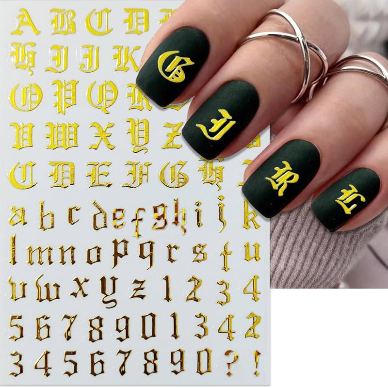 Gold, Black & White 3D Nail Art Decals - Old English Alphabet Letters Nail Sticker Sheet - Pack of 5