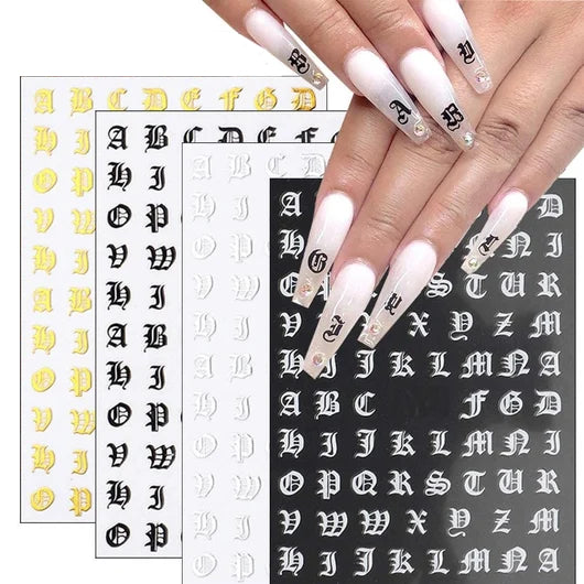 Gold, Black & White 3D Nail Art Decals - Old English Alphabet Letters Nail Sticker Sheet - Pack of 5