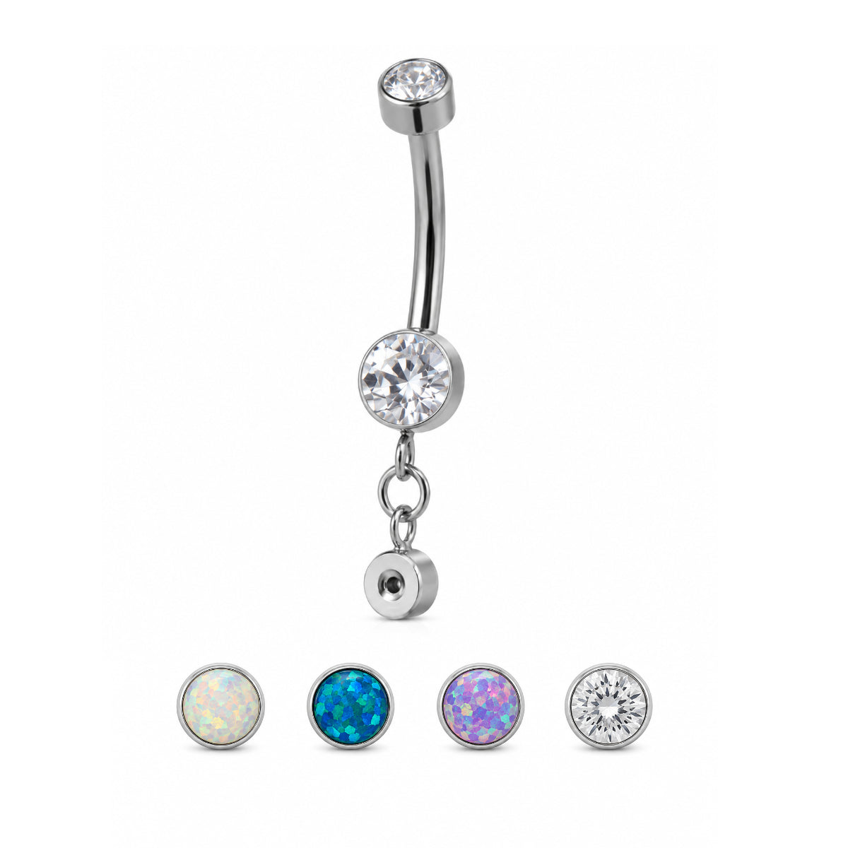 Clear Gem Navel Bar With Interchangeable Gem Dangle Charm 12mm - Implant Grade Titanium