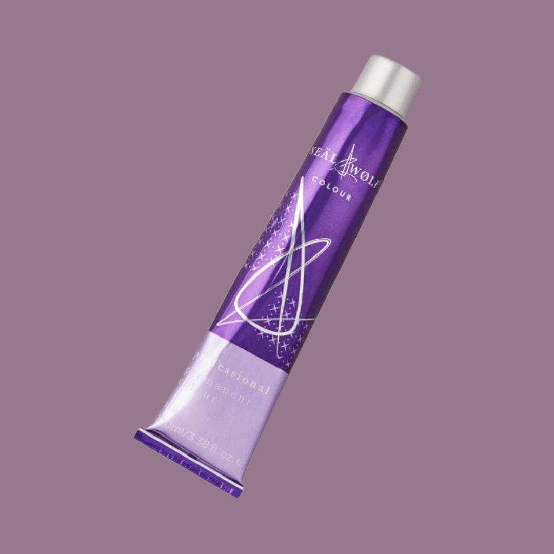 Purple hair color tube with brand logo on a matching purple background