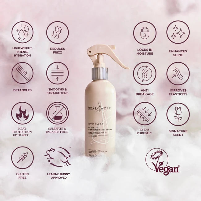Hair spray bottle with features listed on a pink background