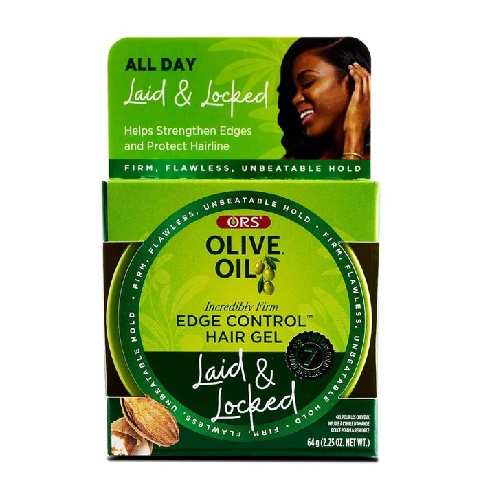 A pack of ORS Olive Oil Edge Control Hair Gel in a green and white box, with the text 'Laid & Locked' indicating the hold level and highlighting the olive oil ingredient.