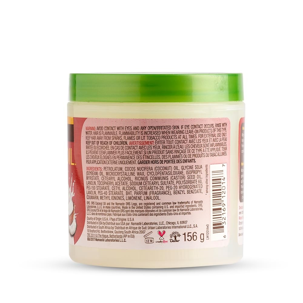 The back view of the ORS coconut oil product tub which lists the ingredients