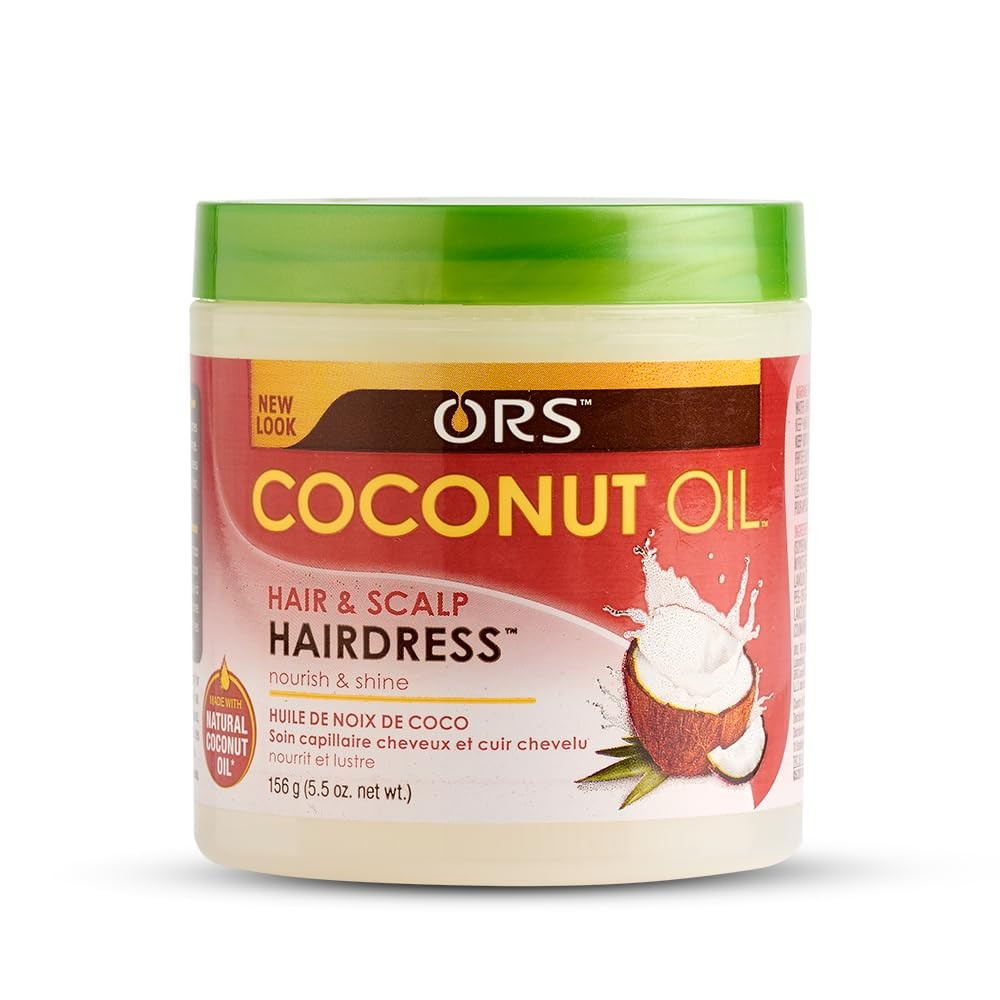 A container of ORS Coconut Oil Hair & Scalp Hairdress, which is a moisture and nourish hair treatment.
