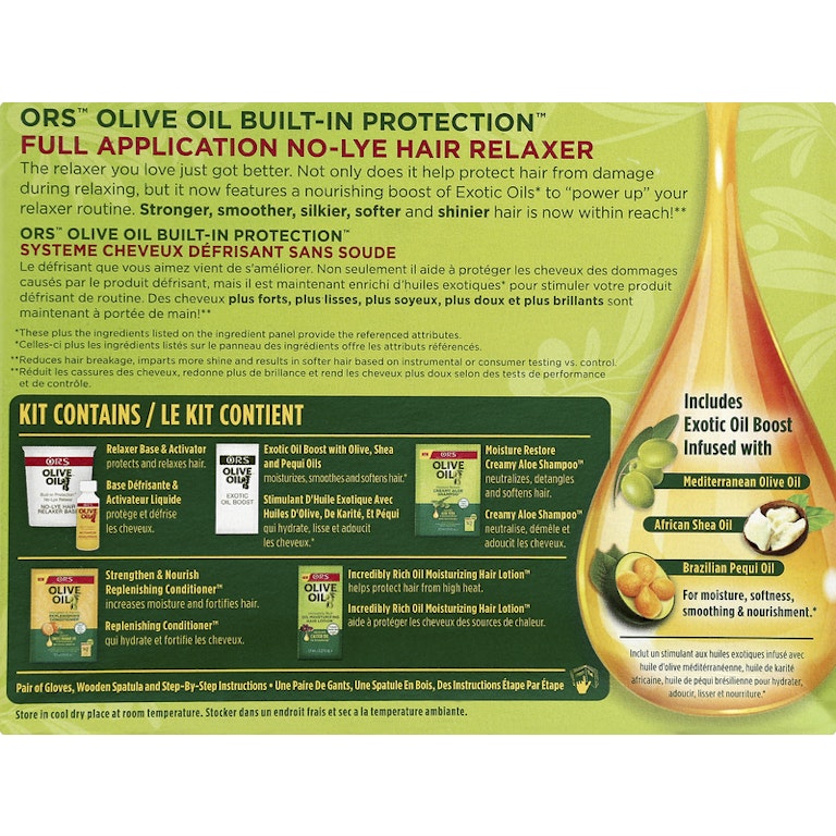 ORS Olive Oil hair relaxer packaging with product details and olive oil illustration.