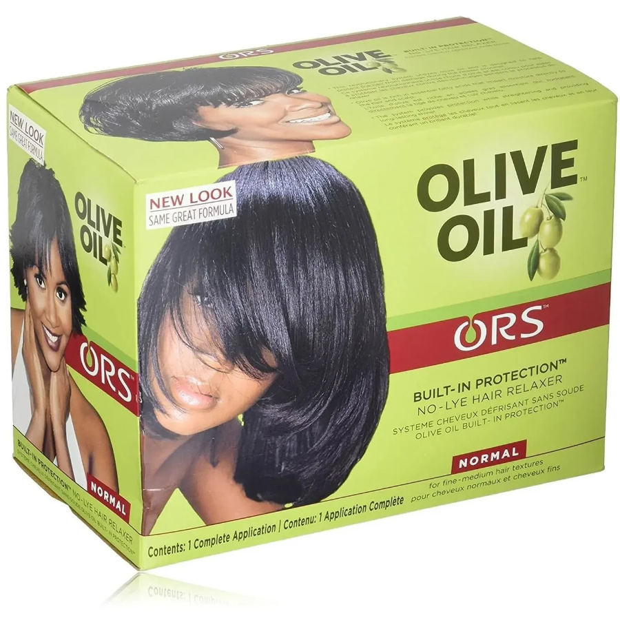 Box of ORS Olive Oil No Lye Hair Relaxer Kit with an image of a female model showcasing the product. The box highlights the product features and the fact that it's for normal hair.