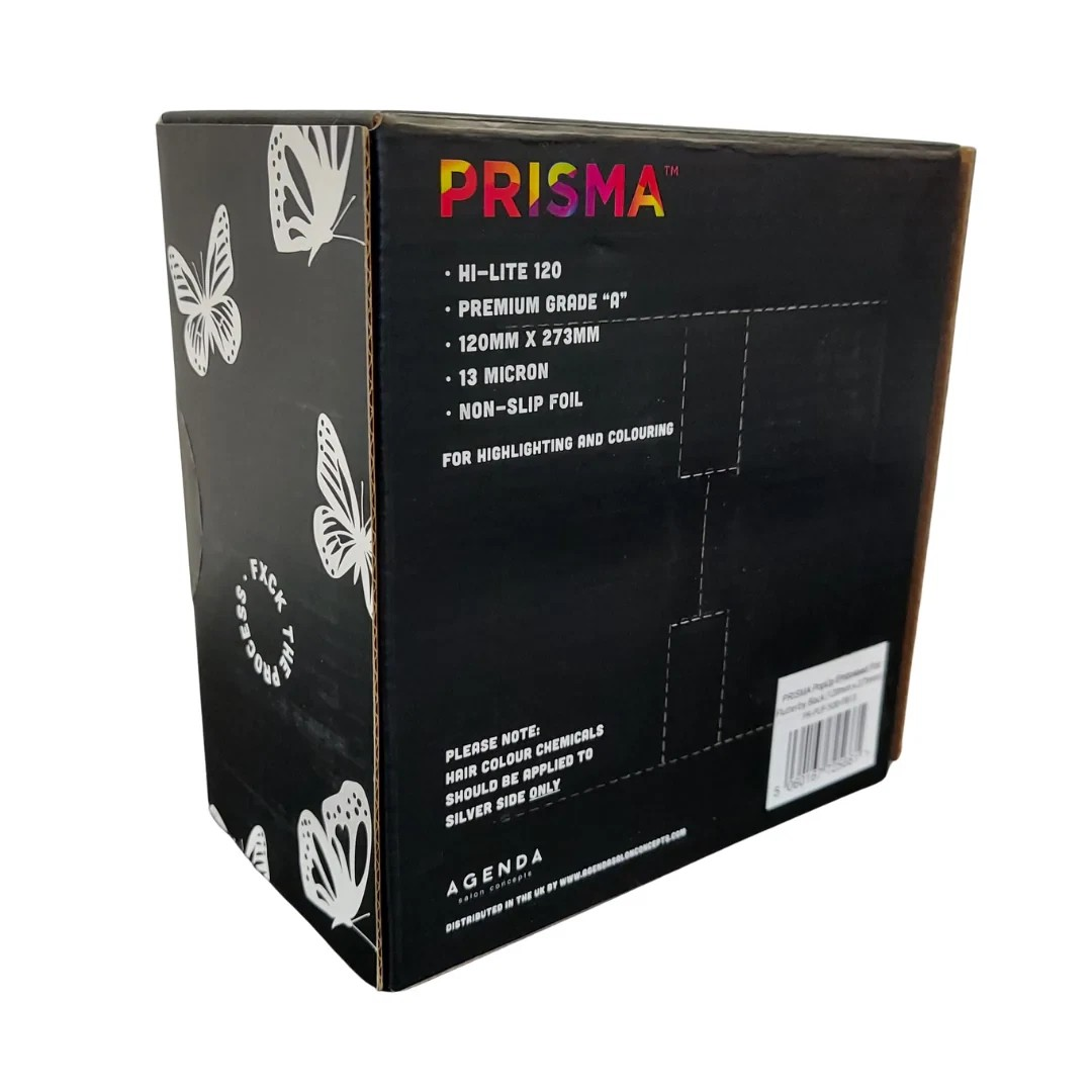 Back of a Prisma product packaging with butterfly designs and text.