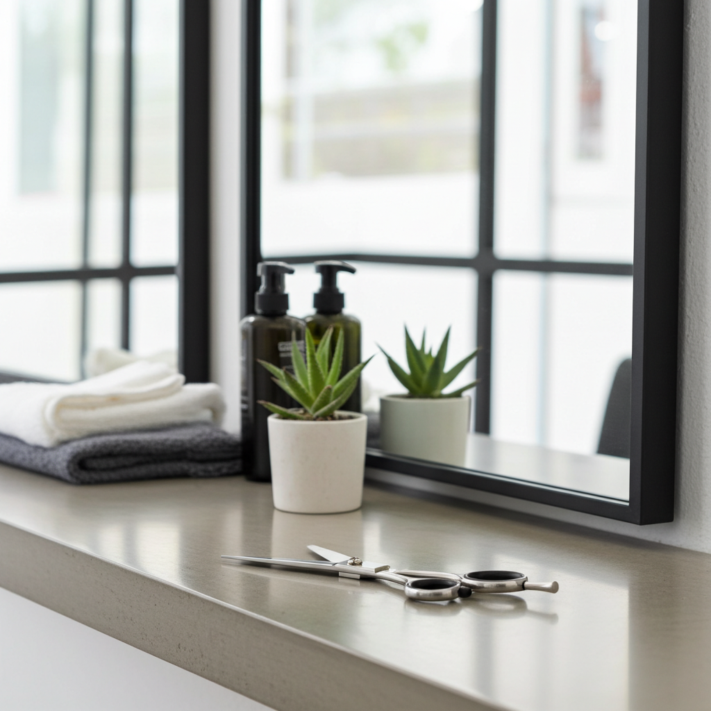 Bathroom counter with towels, bottles, and scissors in front of a large mirror.