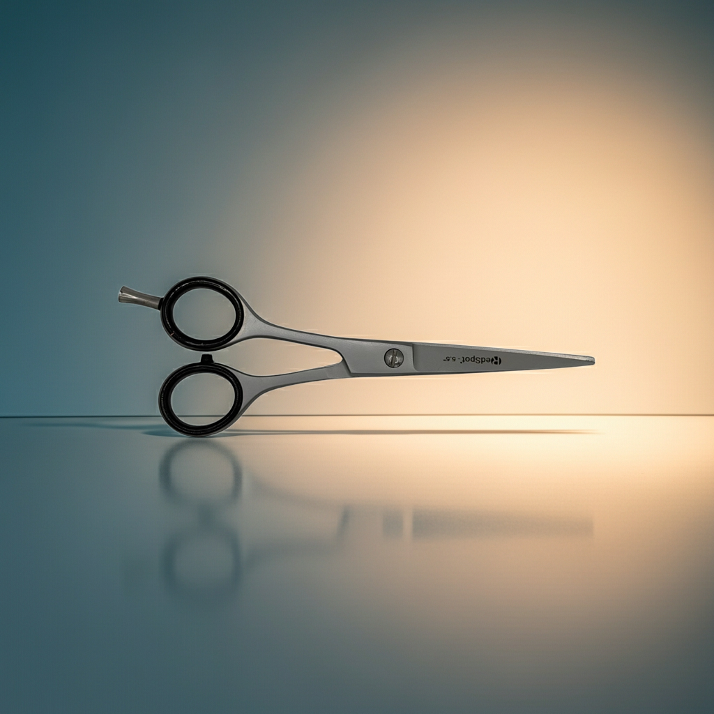 Pair of scissors on a reflective surface with a gradient background