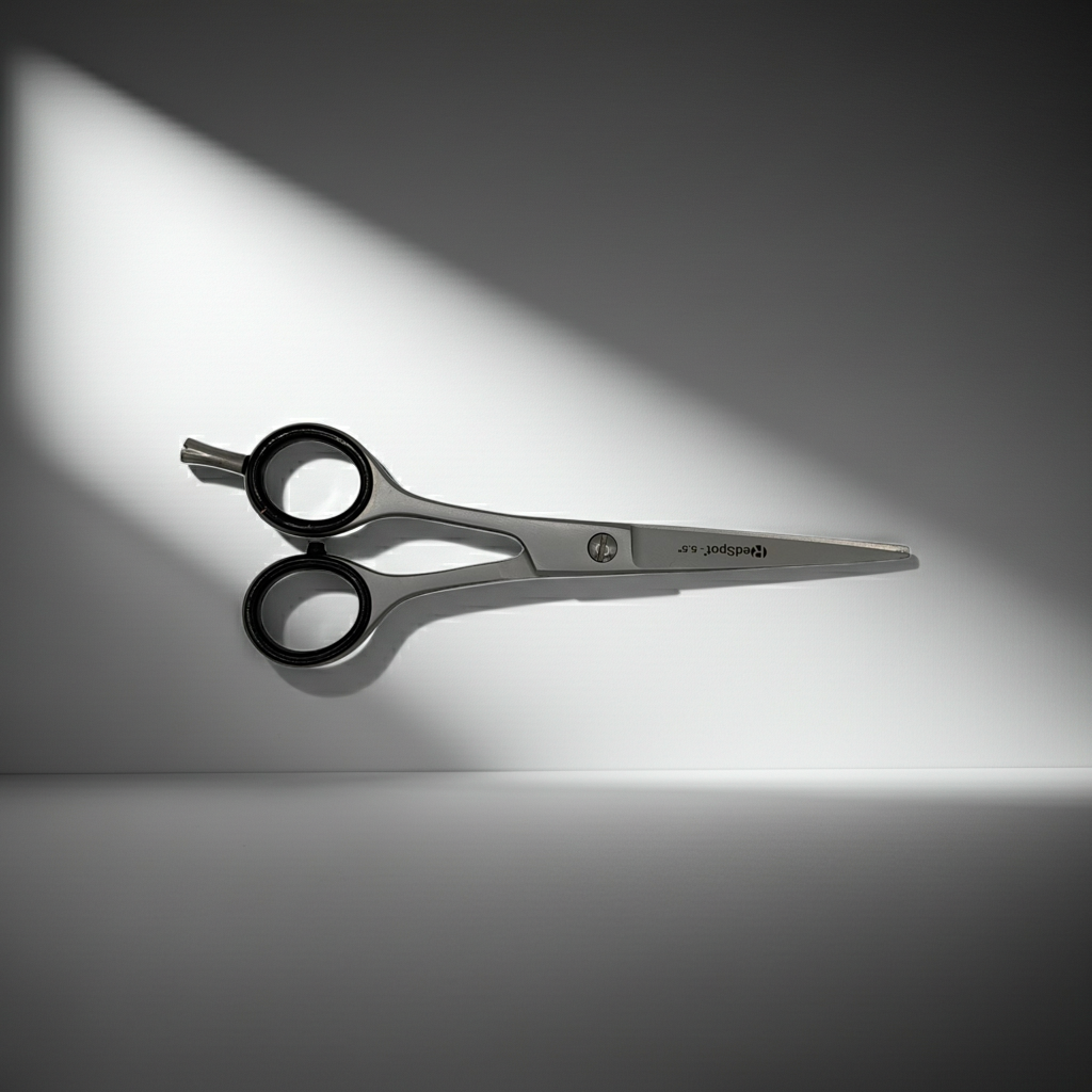 Grey scissors with a brand logo on a gray background