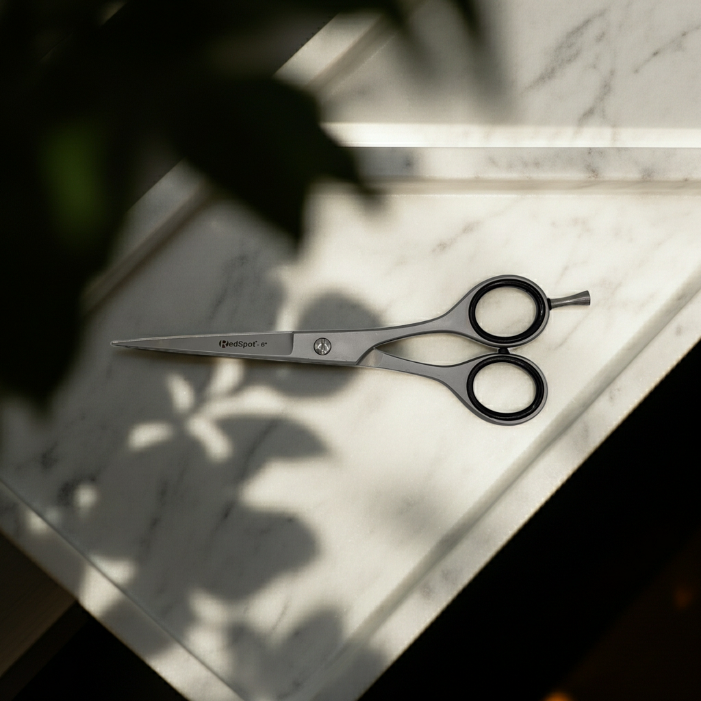 Scissors on a marble surface with plant shadows