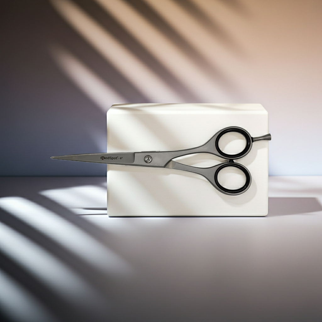 Scissors on a white box with a soft shadow background