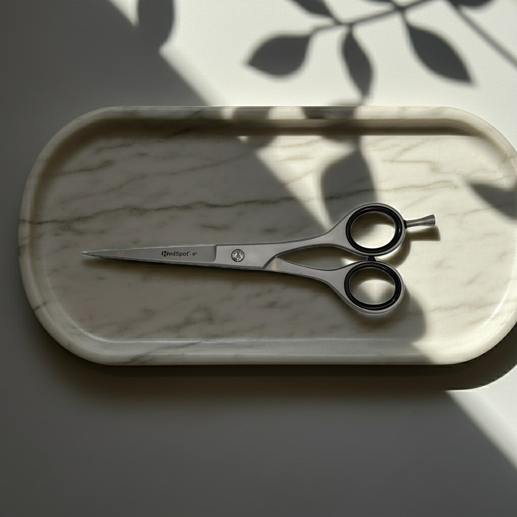 Scissors on a marble tray with shadows cast by leaves