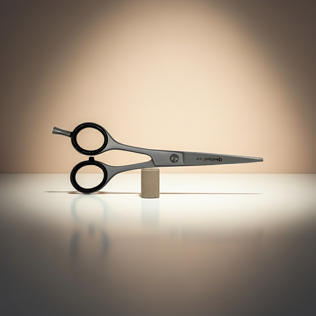 Pair of black scissors on a reflective surface with a neutral background