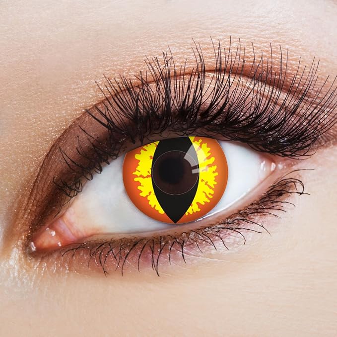 Close-up of an eye with a dramatic makeup look featuring a yellow and black cat-eye design.
