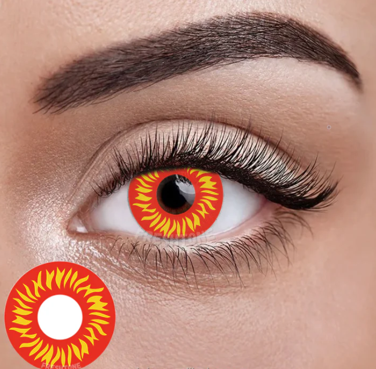 Close-up of a person's eye with red and yellow contact lenses, accompanied by a close-up of the lenses.